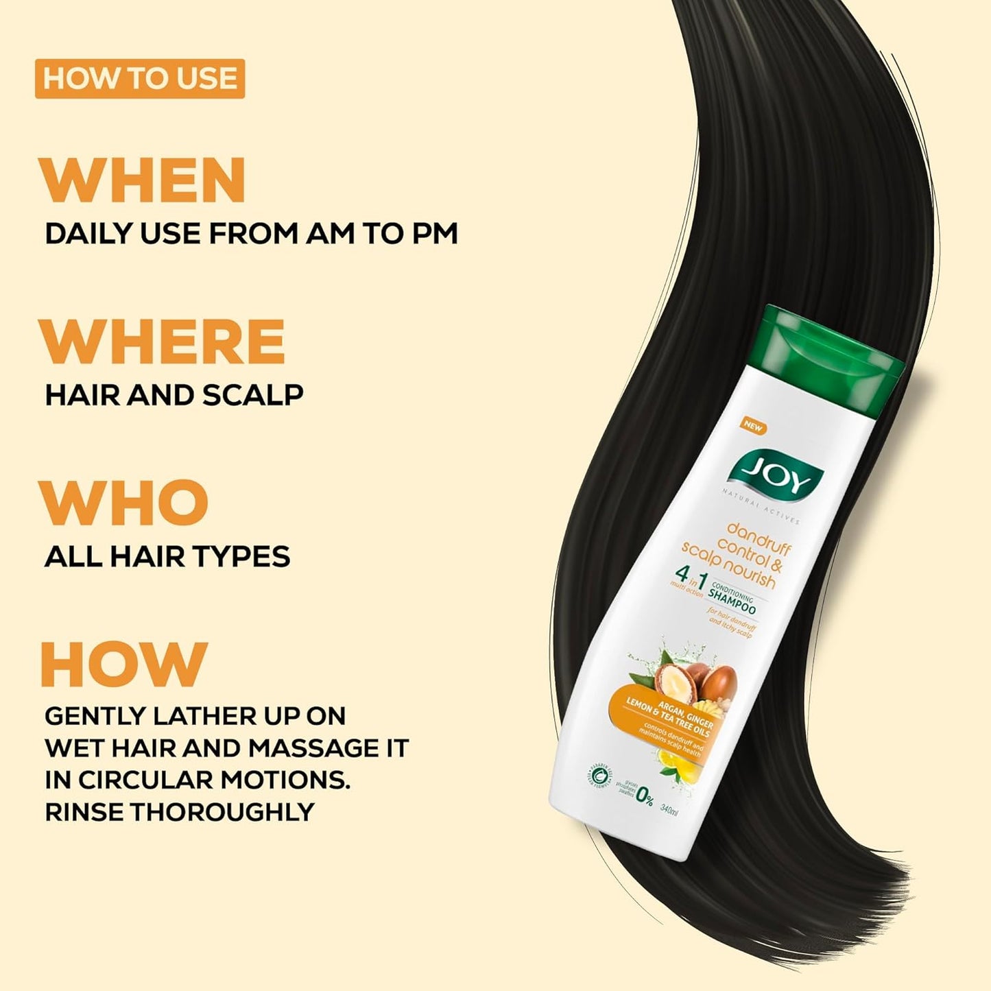 Joy Anti Dandruff Shampoo with Tea Tree, Ginger & Lemon for Dry & Itchy Scalp (340ml) | 4 in 1 Conditioning Shampoo for Dandruff Control & Soft Hair | Vegan & Paraben Free | For Men & Women