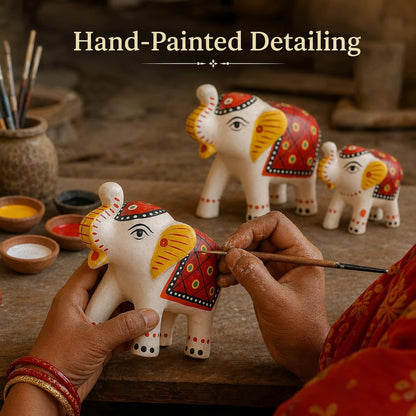 DreamKraft Paper Mache Elephant Showpiece Idols, White, Set of 3