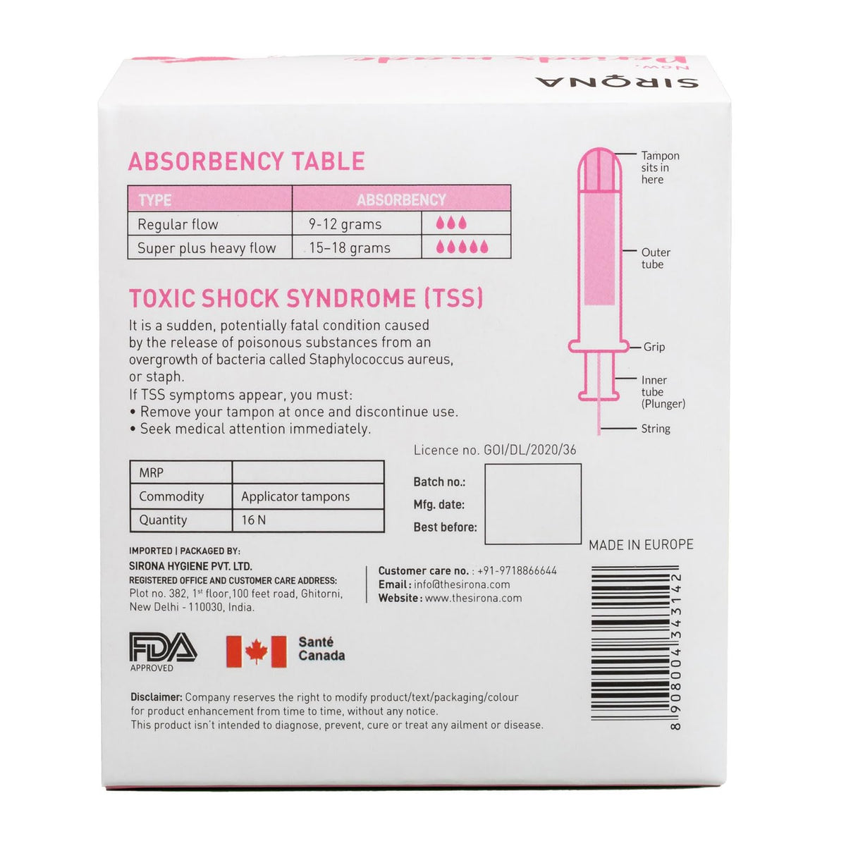 Sirona tampon packaging with absorbency information and FDA approval details on a white background