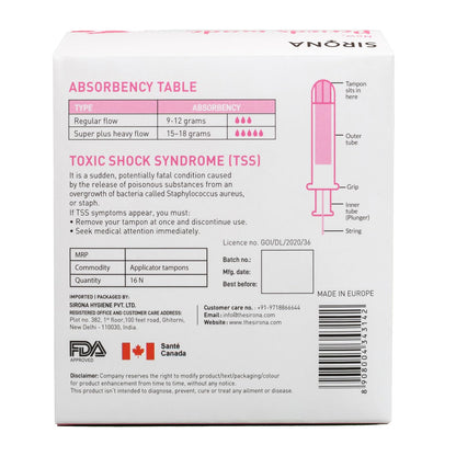 Sirona tampon packaging with absorbency information and FDA approval details on a white background