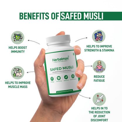Herbalmax Safed Musli 800mg | With Shilajit, Ashwagandha & Gokshura | Natural Energy, Immunity Boost, Stamina & Stress Relief | Enhances Performance & Body Strength for Men & Women – 60 Veg Capsules