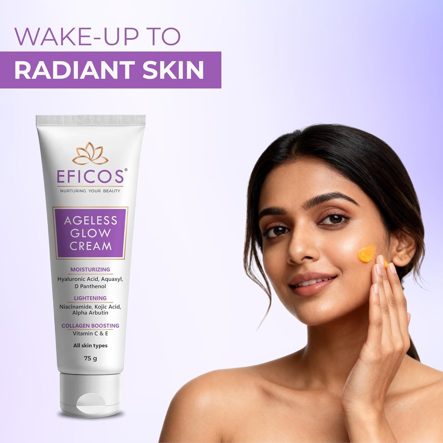 Ageless Glow Cream 3-in-1 Moisturizing, Brightening & Collagen Boosting Face Cream with Hyaluronic Acid, Kojic Acid, Vitamin C & E For All Skin Types 75g