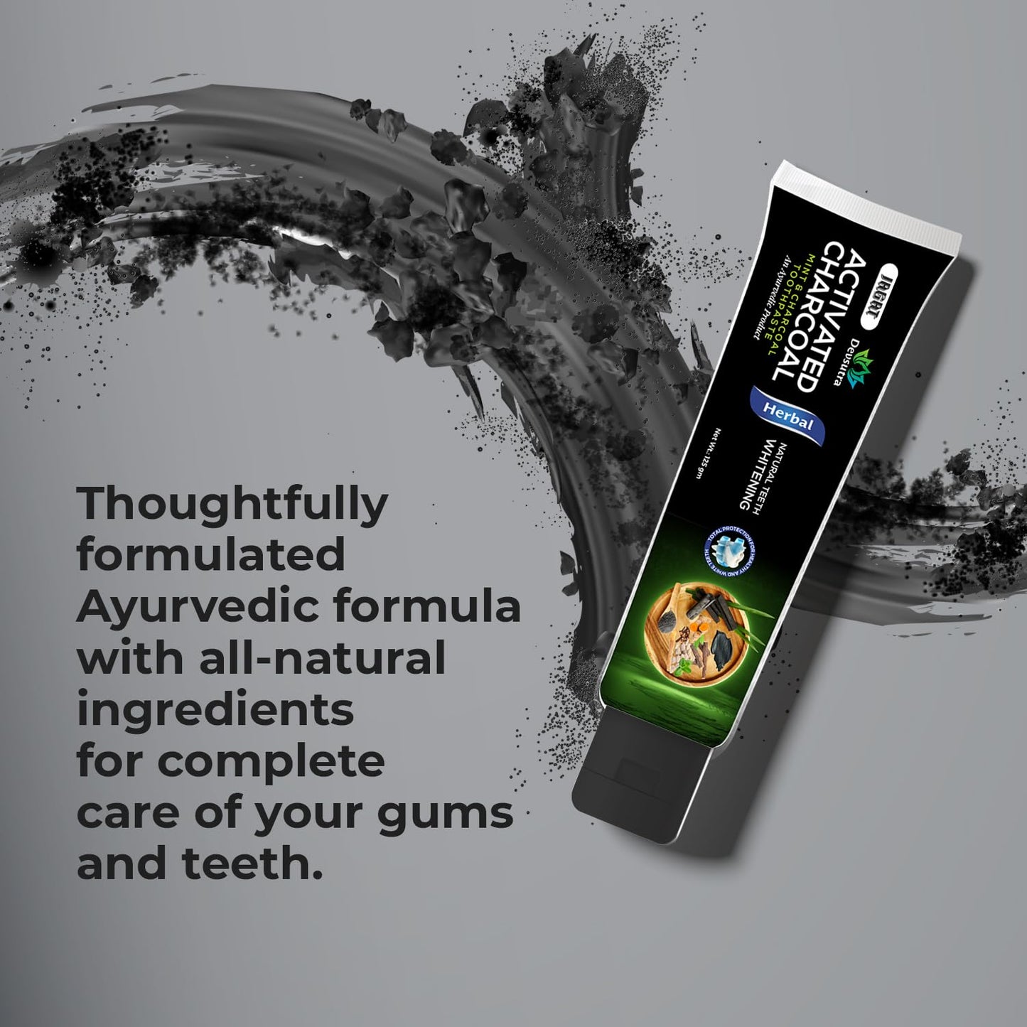 Jagat Devsutra Dr. Trusted Ayurvedic HERBAL Activated Charcoal Toothpaste for Teeth Whitening - 100% Natural Formula with Mint Flavour, No Fluoride & Artificial Colours - Pack of 2 (125g x 2)