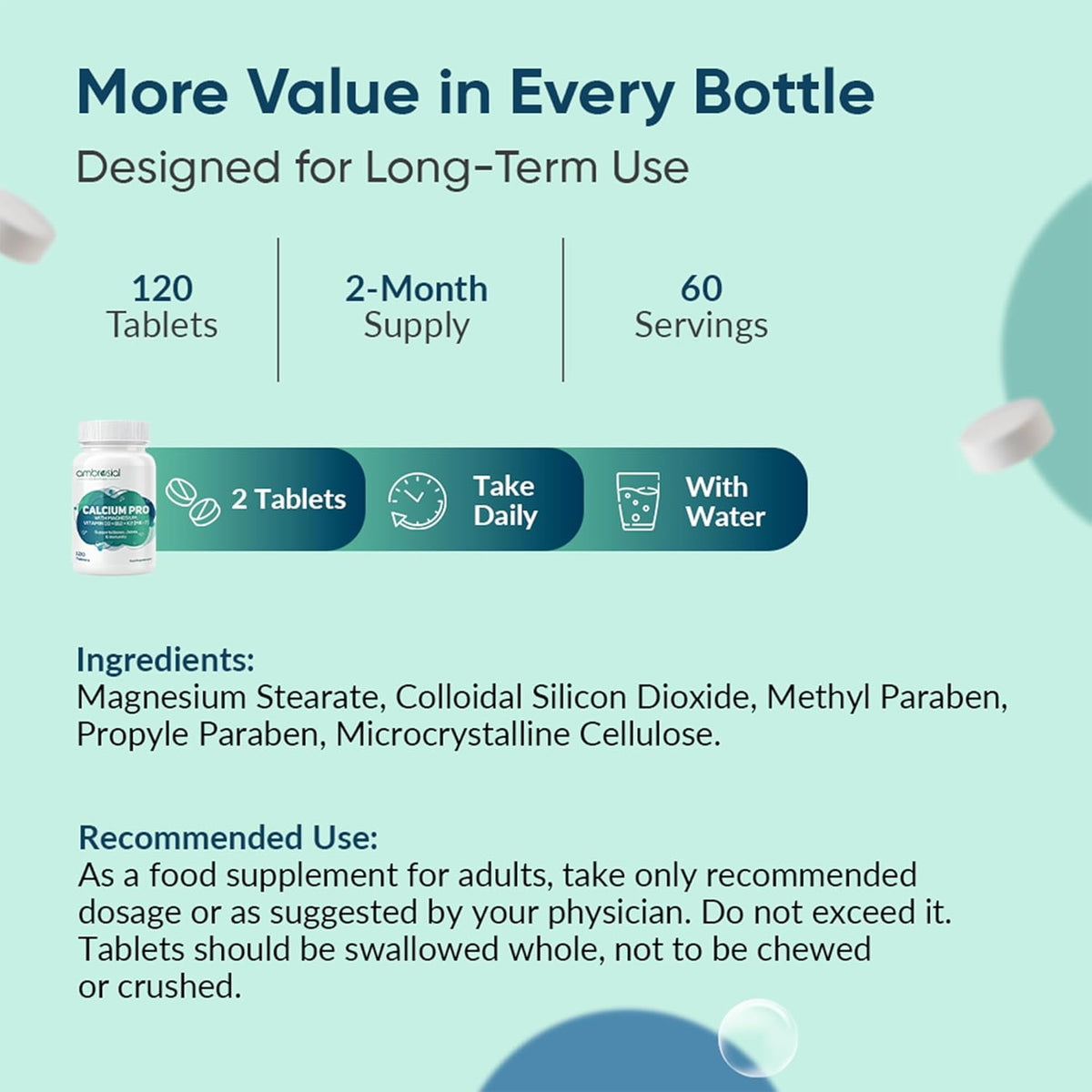 Supplement bottle with label detailing quantity, usage, and ingredients on a light blue background.