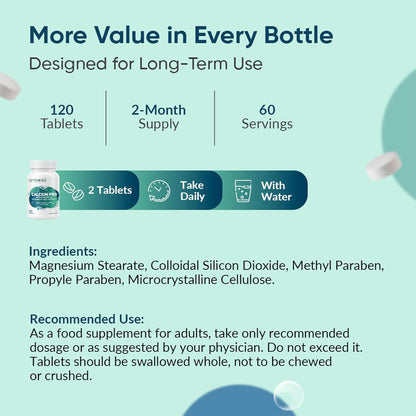 Supplement bottle with label detailing quantity, usage, and ingredients on a light blue background.