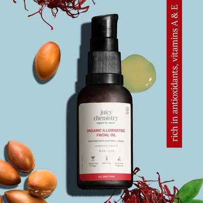 Juicy Chemistry Organic Illuminating Facial Oil with Saffron + Argan, 30 ml | Boosts Skin Glow | Promotes Healthier Barrier | Brightens & Evens Out Skin Tone | Non-sticky & Lightweight | Dermatologically Tested