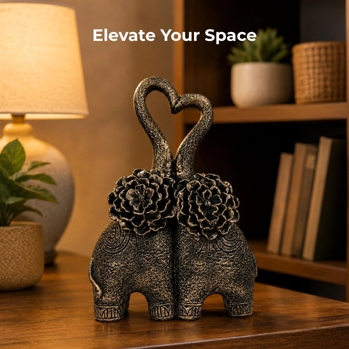 Charming Elephant Pair Sculpture Showpiece for Home & Office Décor | Floral-Inspired Decorative Figurines for Living Room, Study, Shelf & Console Table Styling | Artistic Elephant Accent Set