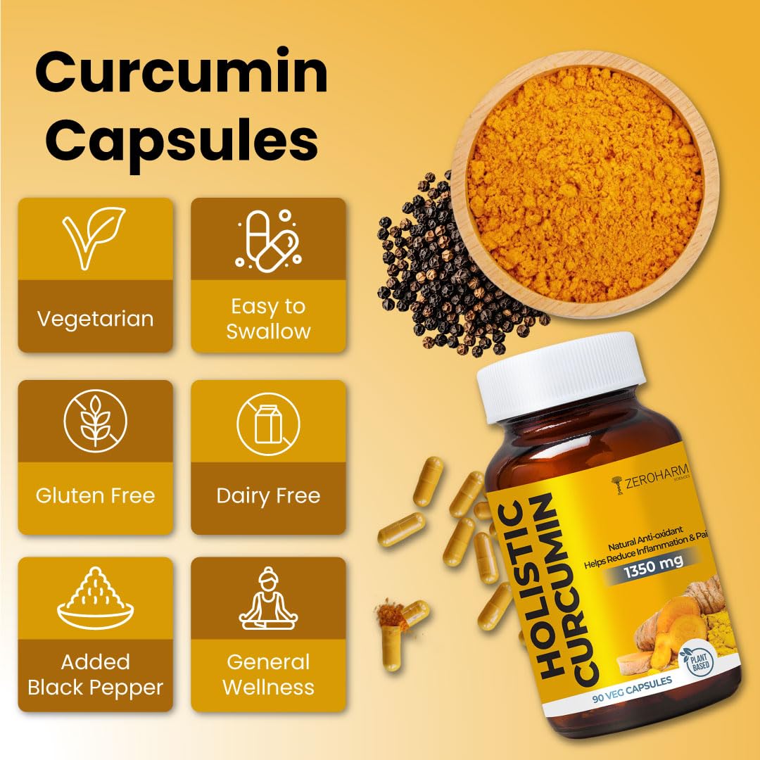 ZEROHARM Holistic Curcumin Capsules 1350mg | 95% Curcuminoids with Piperine & Black Pepper | High Absorption Turmeric Curcumin Supplement for Joint, Immunity & Inflammation Support | 90 Capsules