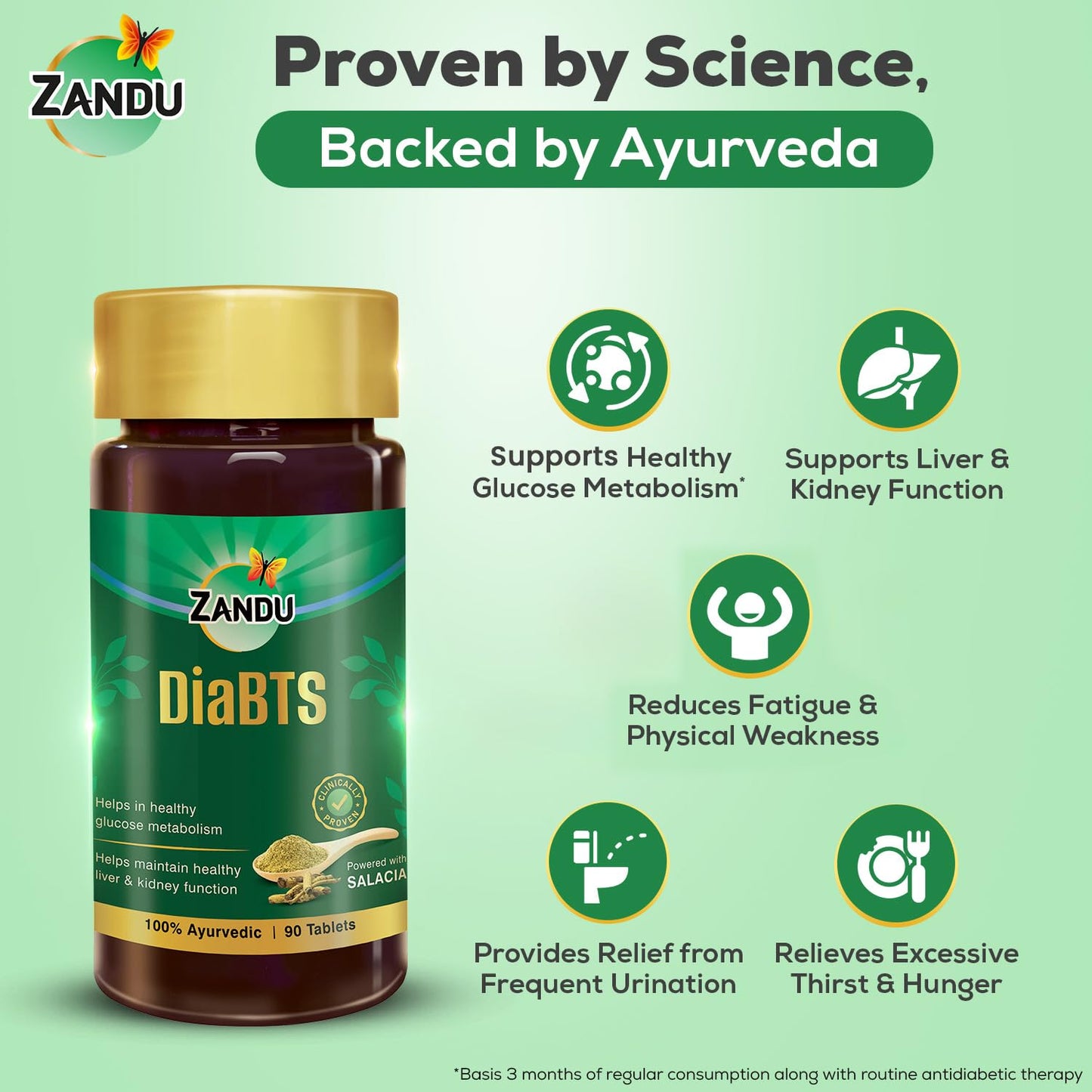 Zandu DiaBTS Tablets|Clinically Proven for results in 3 months| Safe, Natural & 100% Ayurvedic | Helps maintain Healthy Glucose Metabolism |Salacia for Healthy Sugar Management | 90 Tablets