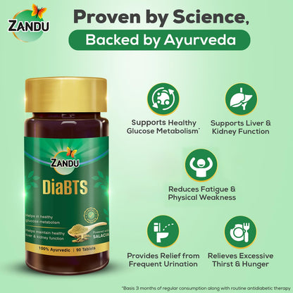 Zandu DiaBTS Tablets|Clinically Proven for results in 3 months| Safe, Natural & 100% Ayurvedic | Helps maintain Healthy Glucose Metabolism |Salacia for Healthy Sugar Management | 90 Tablets