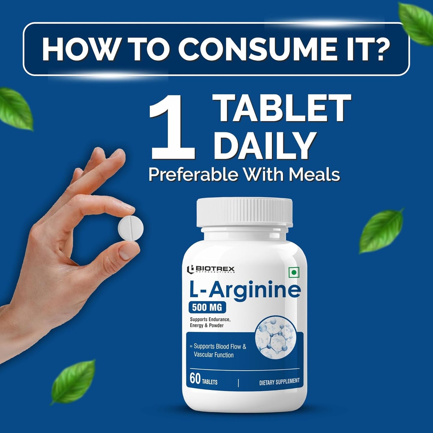 Biotrex Nutraceuticals L-Arginine 500mg Supplement | Nitric Oxide Booster & Muscle Growth | Blood Flow & Heart Health | Pre Workout | Non-GMO | 60 Tablets