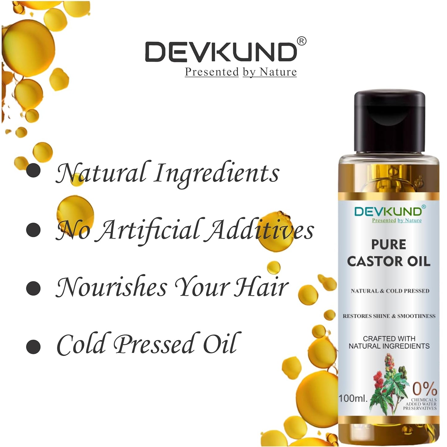 Devkund Pure Castor Oil bottle with product details on a white background
