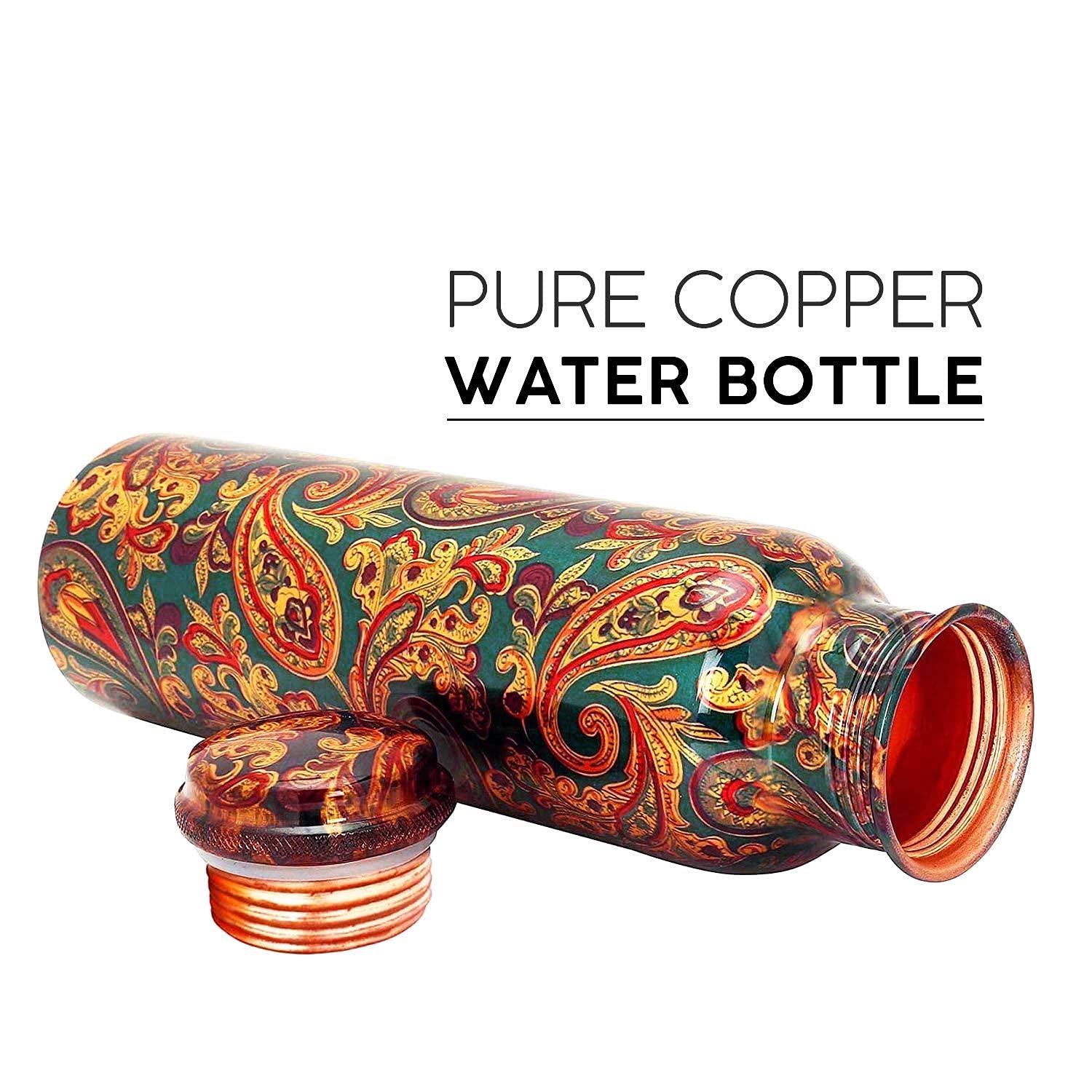 Decorative pure copper water bottle with intricate patterns on a white background