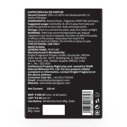Back label of a Scorpio Eau de Parfum bottle with text and product details.