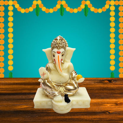 Gold Art India Gaddi Ganesha Idol for Home Decor | Peach Terracotta Finish with Gold Colour Mukut & Ornaments – 3.5 Inch Ganpati Statue for Car Dashboard, Home Decor, Puja, Office Desk