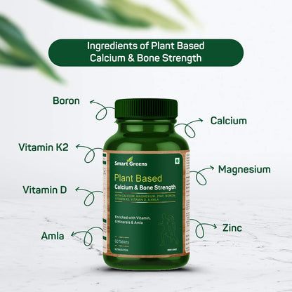 Green supplement bottle labeled 'Smart Greens' with ingredients for plant-based calcium and bone strength on a white background.