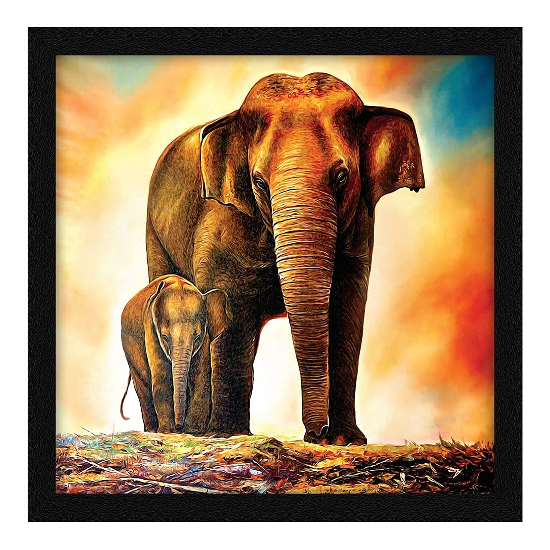 Vastu Elephant and Baby Wall Art Painting, Elephant Painting For Wall Vastu, Multicolor, Wildlife, 13X13 in, Set of 1