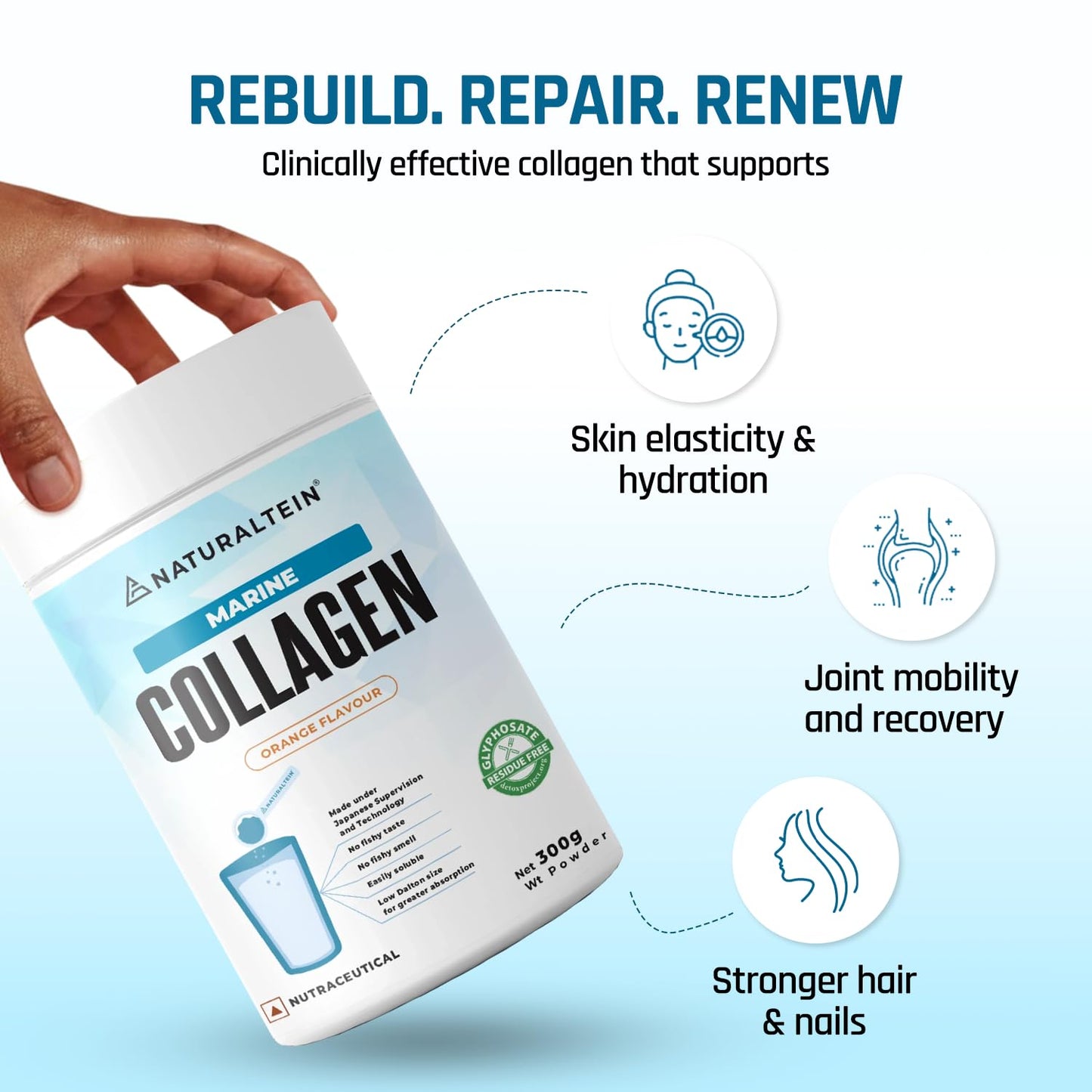Naturaltein Marine Collagen supplement container with text on benefits on a light blue background