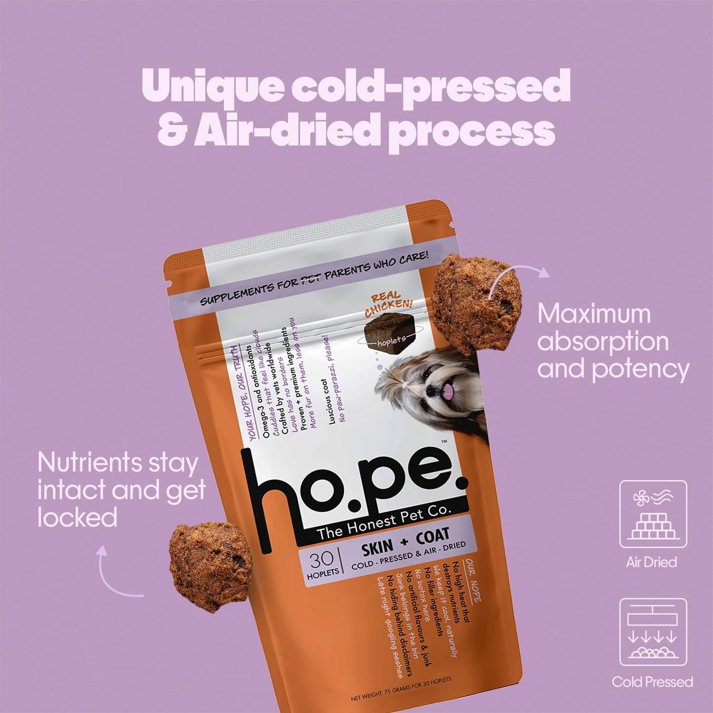 Hope Skin & Coat Supplement for Dogs 30 Chicken hoplets | Pet Chews for Skin Allergies, Itching & Scratching Relief | Biotin, Collagen, Omega 3 & 6 | Cold Press Hypoallergenic | Honest Pet Co