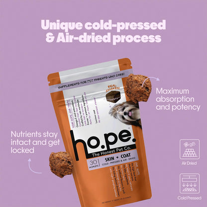 Hope Skin & Coat Supplement for Dogs 30 Chicken hoplets | Pet Chews for Skin Allergies, Itching & Scratching Relief | Biotin, Collagen, Omega 3 & 6 | Cold Press Hypoallergenic | Honest Pet Co