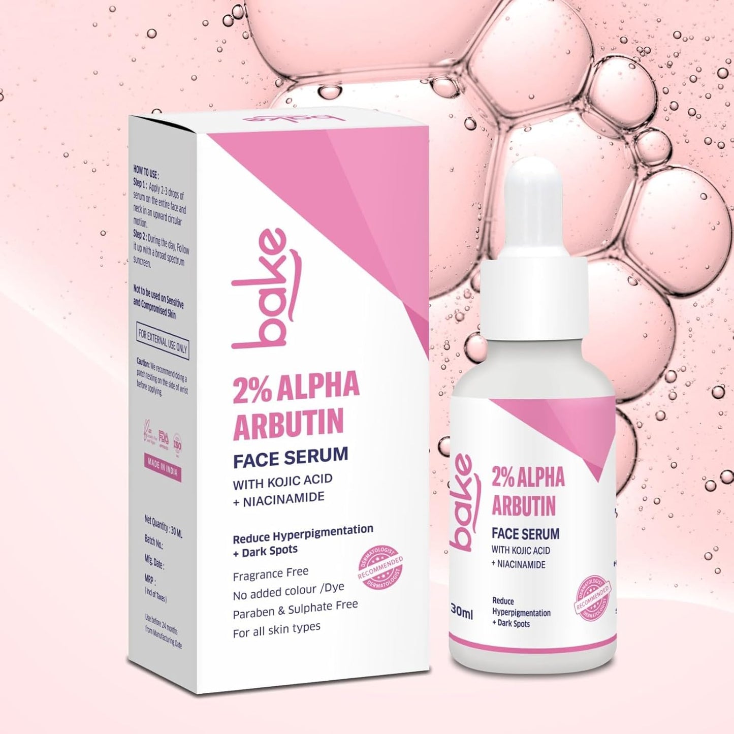 BAKE 2% Alpha Arbutin & Kojic Acid Face Serum Niacinamide for Dark Spots,Pigmentation & Tan Removal | Reduces Dark Spots, Controls Melanin Production & Evens Out Skin Tone | For Men & Women | 30ml