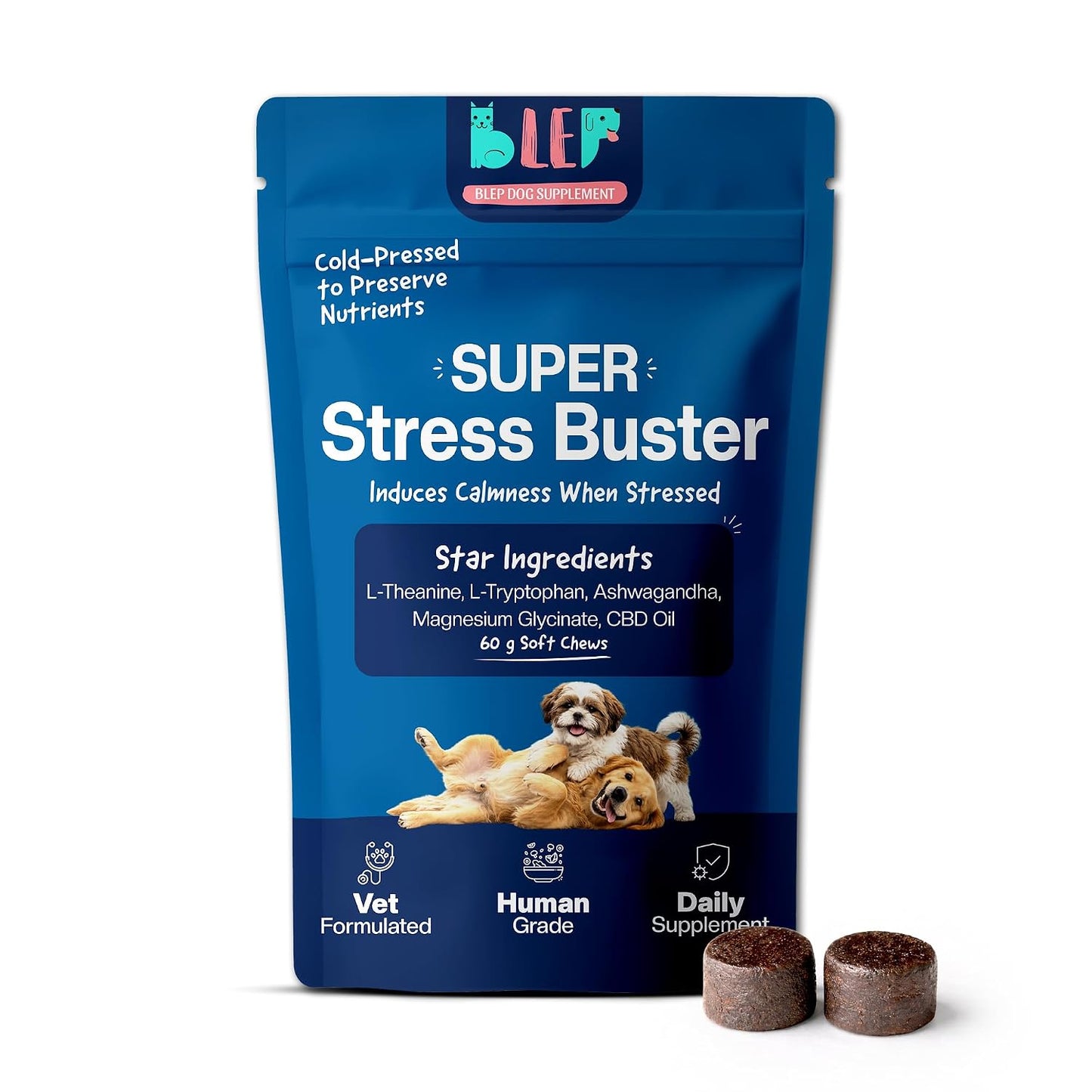 BLEP Super Stress Buster - Dog Calming Soft Chews Supplement, Anxiety, Fear, Restlessness & Separation | Ashwagandha, L-Theanine & Valerian | Fireworks, Travel & Vet Visits | 60g | Dog calming supplement with ashwagandha and L-theanine for anxiety relief