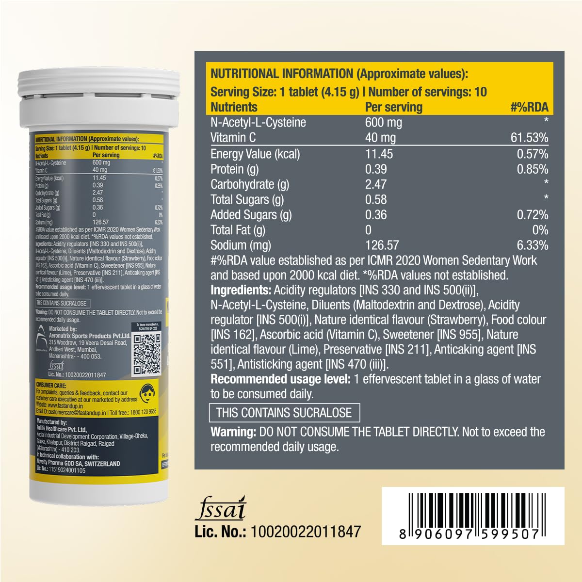 FAST&UP Detox Lung N-Acetylcysteine 600mg + Vitamin C - Lung Protective Supplement, 10 Tablets – Respiratory & Lung Health - Strawberry Flavour