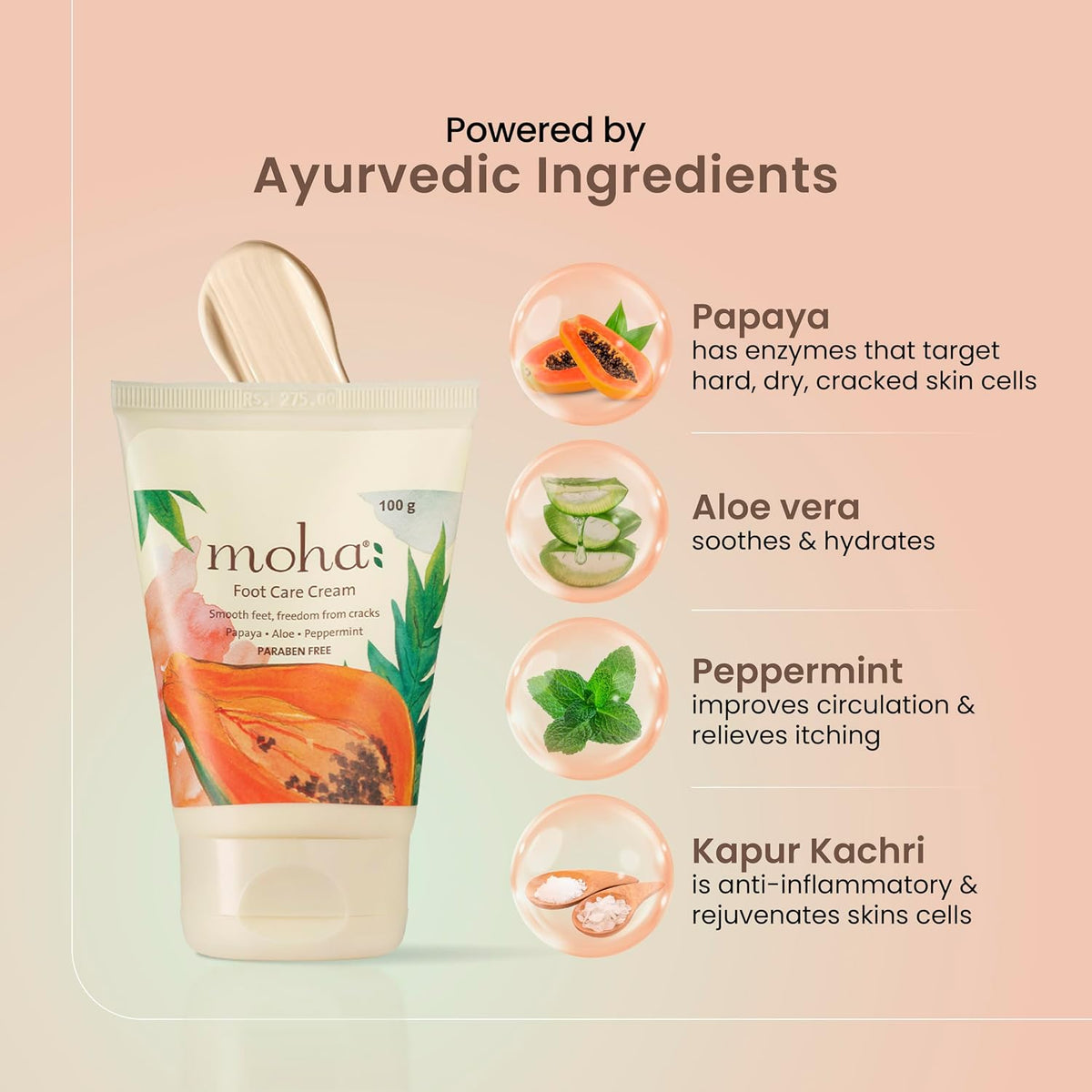 Moha Foot Cream for Dry & Cracked Feet | Deep Nourishment & Fast Healing Heel Repair Cream | Cooling & Vegan Formula with Aloe, Papaya, Peppermint & kapurkachri | Clinically Proven | Moisturizing Foot Cream for Rough Calloused Skin 100gm