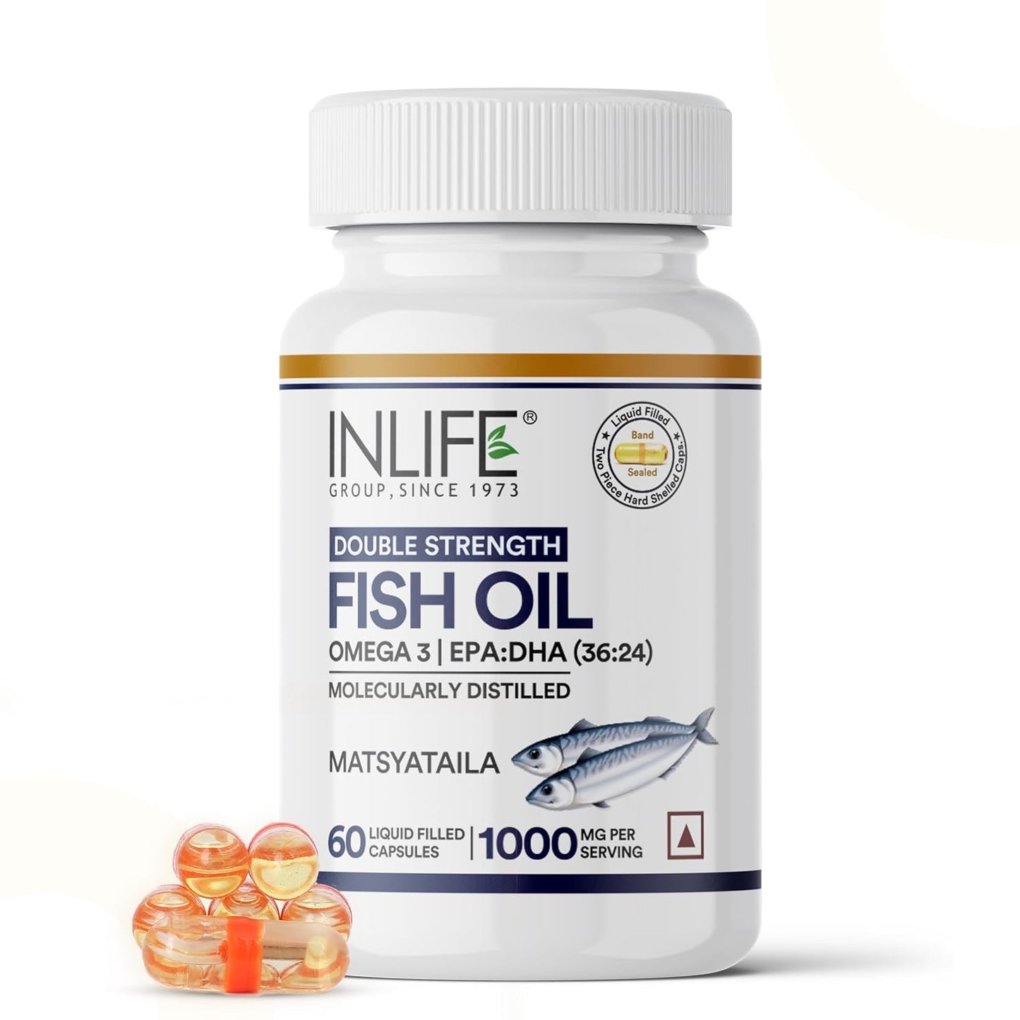 INLIFE Fish Oil Omega 3 Capsule 1000mg | Double Strength | Supplement for Heart, Brain and Joint Health for Men Women | EPA:DHA - 360:240-60 Liquid Filled Capsules