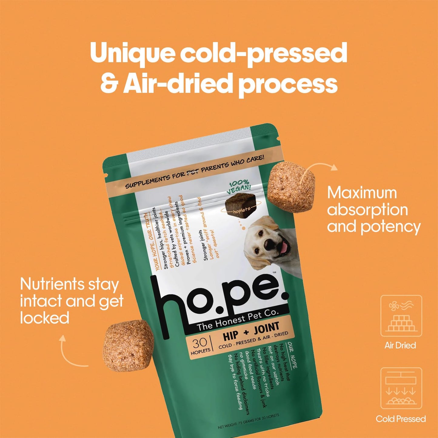 Hope Hip & Joint Health Supplement Dogs 30 Vegan hoplets | Pet Chews with Glucosamine, Chondroitin, MSM, Turmeric| Cold-Pressed | Air-Dried | Hypoallergenic | Dog Supplement |Honest Pet Co
