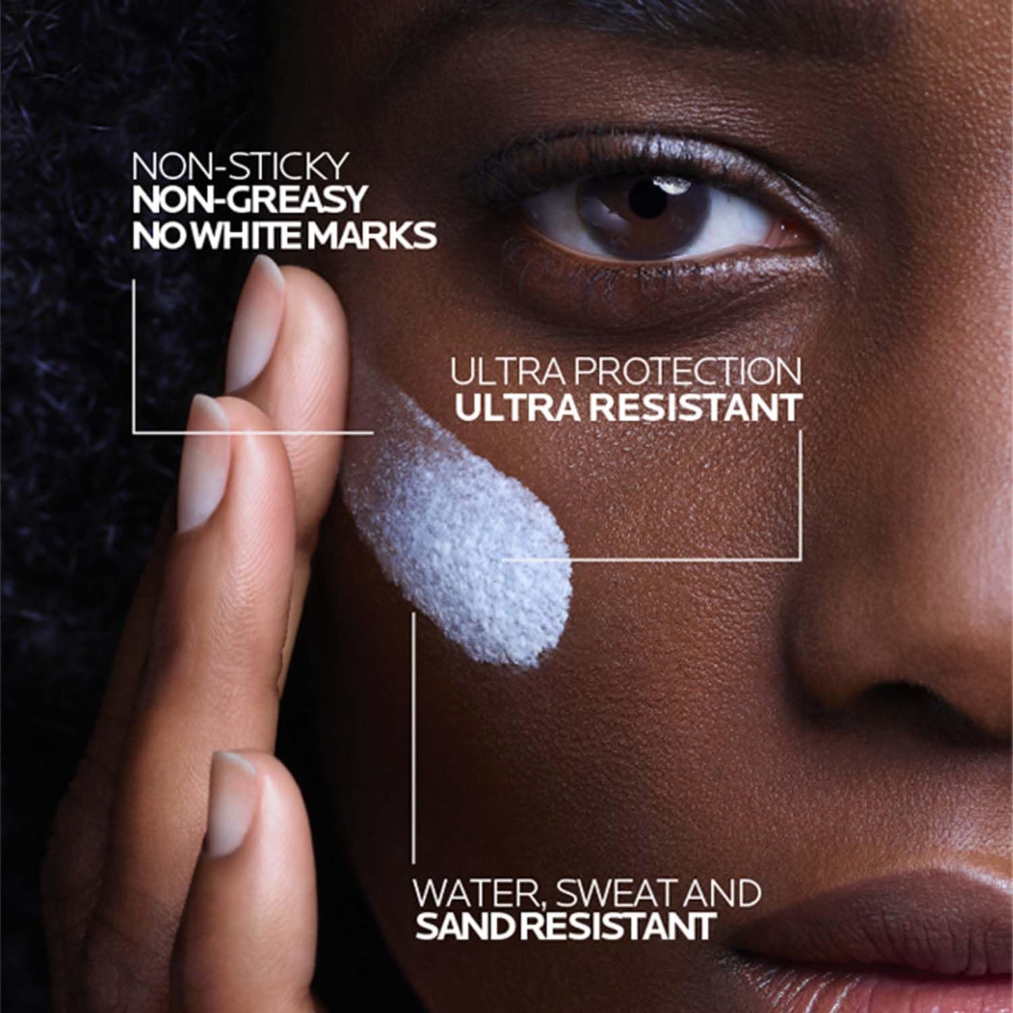 Close-up of a person applying a white cream to their face with text highlighting product features.