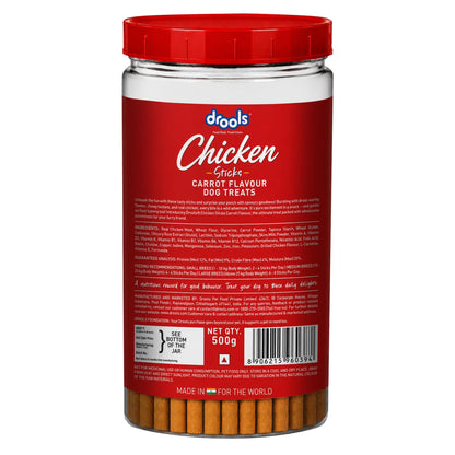 Drools Real Chicken & Carrot Flavor Dog Treat Sticks, Delicious Training & Reward Treats for Dogs, 500g