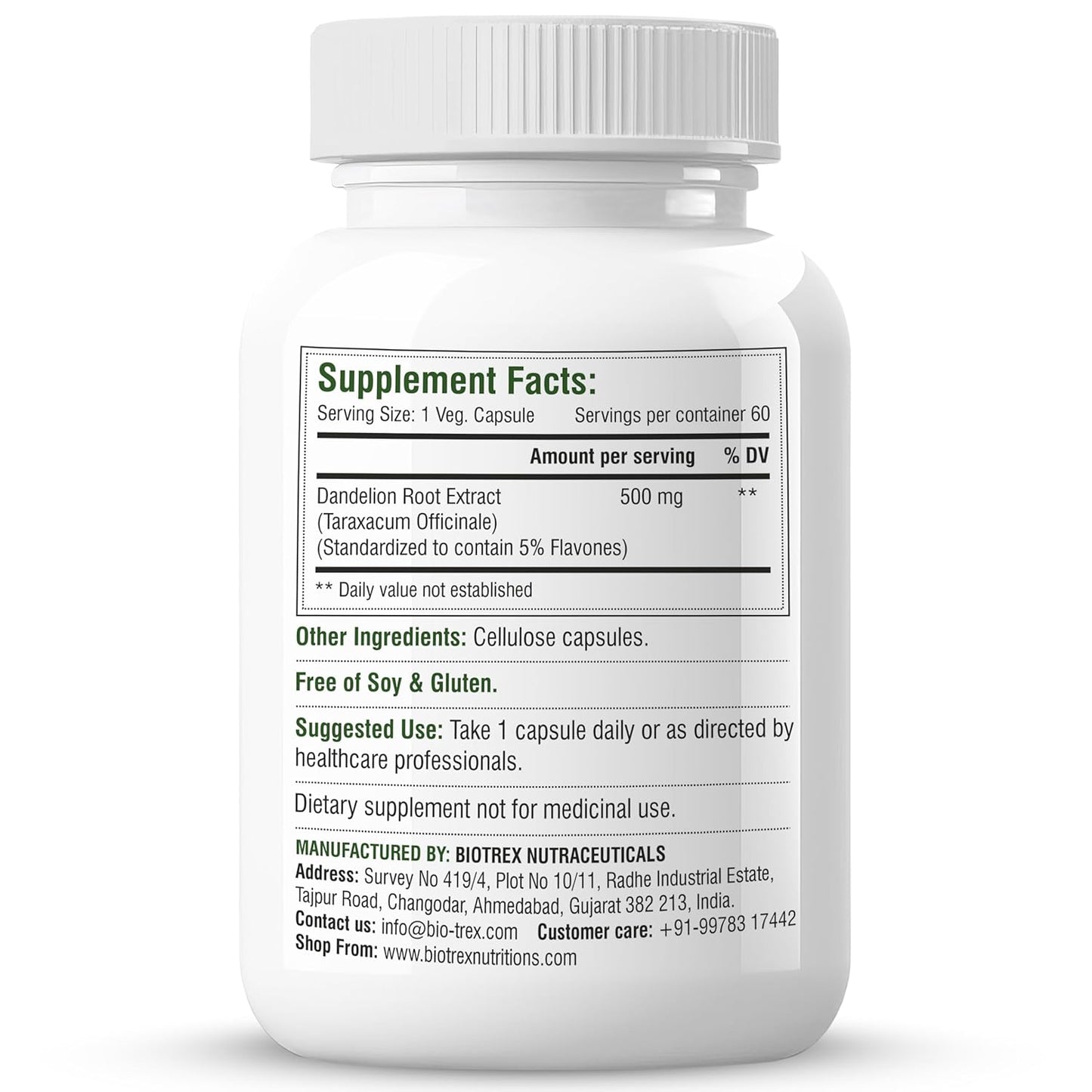 Biotrex Nutraceuticals Dandelion 500mg | Natural Diuretic & Antioxidant | Liver Support and Body Detox | Supports Digestion | Regulates Glucose Levels | 60 Veg Capsules
