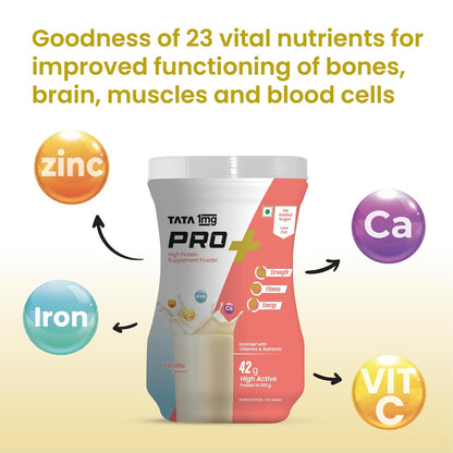 Tata 1mg Pro+ Soy Protein Supplement Powder- High Protein for Muscle & Bone Strength, Overall Fitness, and Energy with 23 essential nutrients,Low Fat & No Added Sugar,Vanilla Flavour
