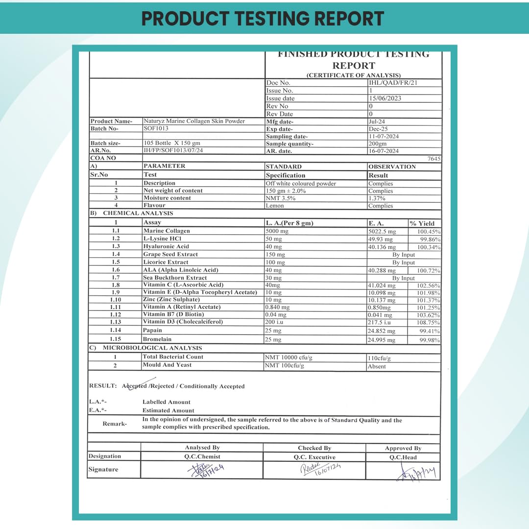 Product testing report with a blue border on a white background