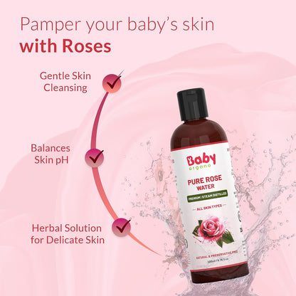 BabyOrgano Ayurvedic Rose Water for Face 1+ Months | Steam-Distilled Kannauj Roses | Skin Toner, Face Mist & Makeup Remover | Balances pH, Tightens Pores | Preservative & Chemical-Free | 200ml (Pack Of 1)