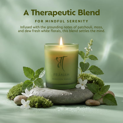 Pranah Monsoon Raaga Aromatherapy Scented Candle | 128g, 28 Hours Burn | Wet Earth & Woody White Floral Notes | Musky Patchouli Oil | Soy Wax, Vegan | Earthy & Sweet Calm