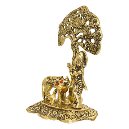 eCraftIndia Lord Krishna Playing Flute Under Tree with Golden Cow and Calf Showpiece