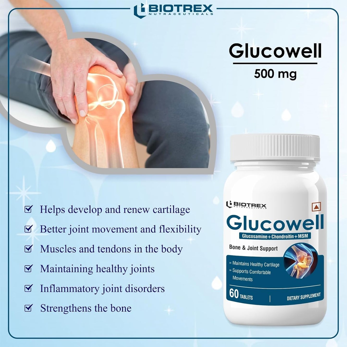Biotrex Nutraceuticals Glucowell 500mg | Glucosamine, MSM & Chondroitin Supplement | Cartilage, Joint & Bone Health | 60 Tablets (Pack of 1)