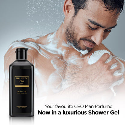 Man applying shower gel with Bellavita CEO Shower Gel bottle in foreground