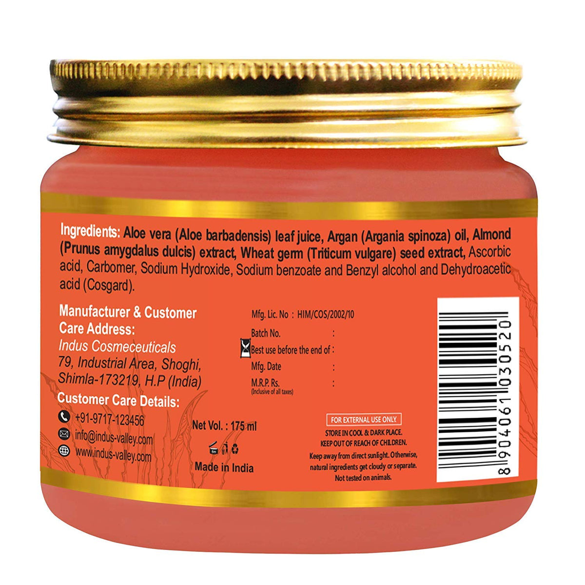 Back view of a cosmetic jar with gold lid and red label displaying ingredients and branding.