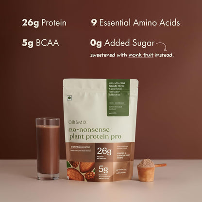 Cosmix No-Nonsense Plant Protein PRO 26g Protein | Yeast Protein & Pea Protein Blend | Indonesian Cacao, 1Kg Pouch x 1 | Clean, Easy to Digest