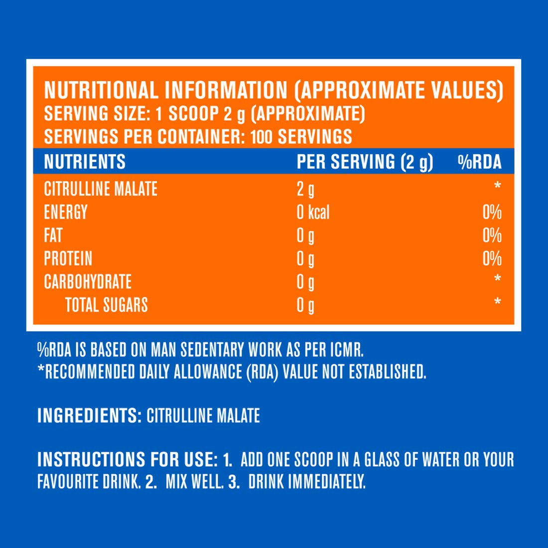 Nutritional information label for a supplement with blue and orange design.