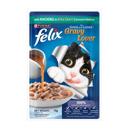 Purina Felix Mackerel Gravy Lover, Wet Food for Adult Cats, 70g Pouch | With Mackerel in Gravy, Tasty Meaty Chunks, 100% Complete & Balanced Nutrition, Vitamins D & E, Omega 6, Essential Minerals