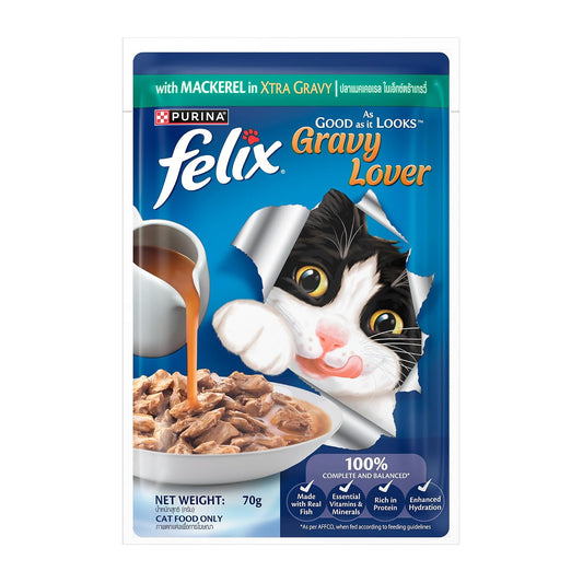 Purina Felix Mackerel Gravy Lover, Wet Food for Adult Cats, 70g Pouch | With Mackerel in Gravy, Tasty Meaty Chunks, 100% Complete & Balanced Nutrition, Vitamins D & E, Omega 6, Essential Minerals