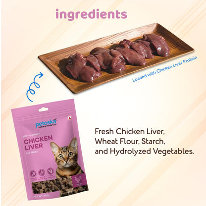 Petoska Chicken Liver Cat Treats – 100g | Air-Dried Real Chicken & Liver Bites with Taurine & Omega-3 | Chewy High-Protein Snack for Digestion & Muscle Growth | Kittens & Adult Cats