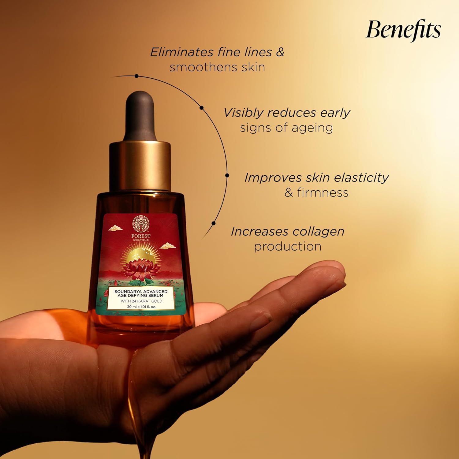 Hand holding a skincare serum bottle with benefits listed on a gold background
