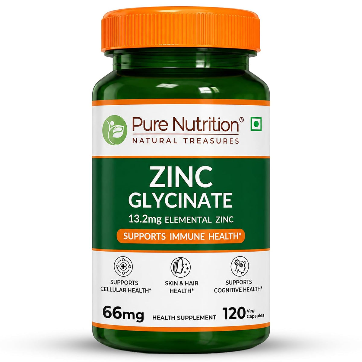 Pure Nutrition Zinc Glycinate Supplement (66 mg) | 120 Veg Capsules | 13.2 mg Elemental Zinc | Daily Zinc Supplement for Skin, Hair & General Wellness