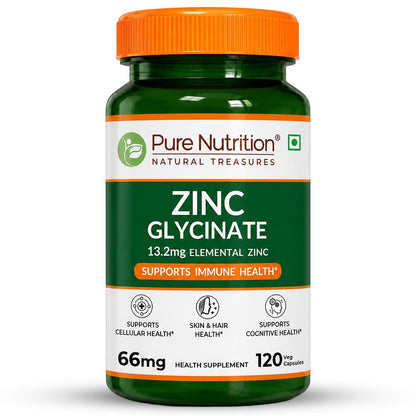 Pure Nutrition Zinc Glycinate Supplement (66 mg) | 120 Veg Capsules | 13.2 mg Elemental Zinc | Daily Zinc Supplement for Skin, Hair & General Wellness