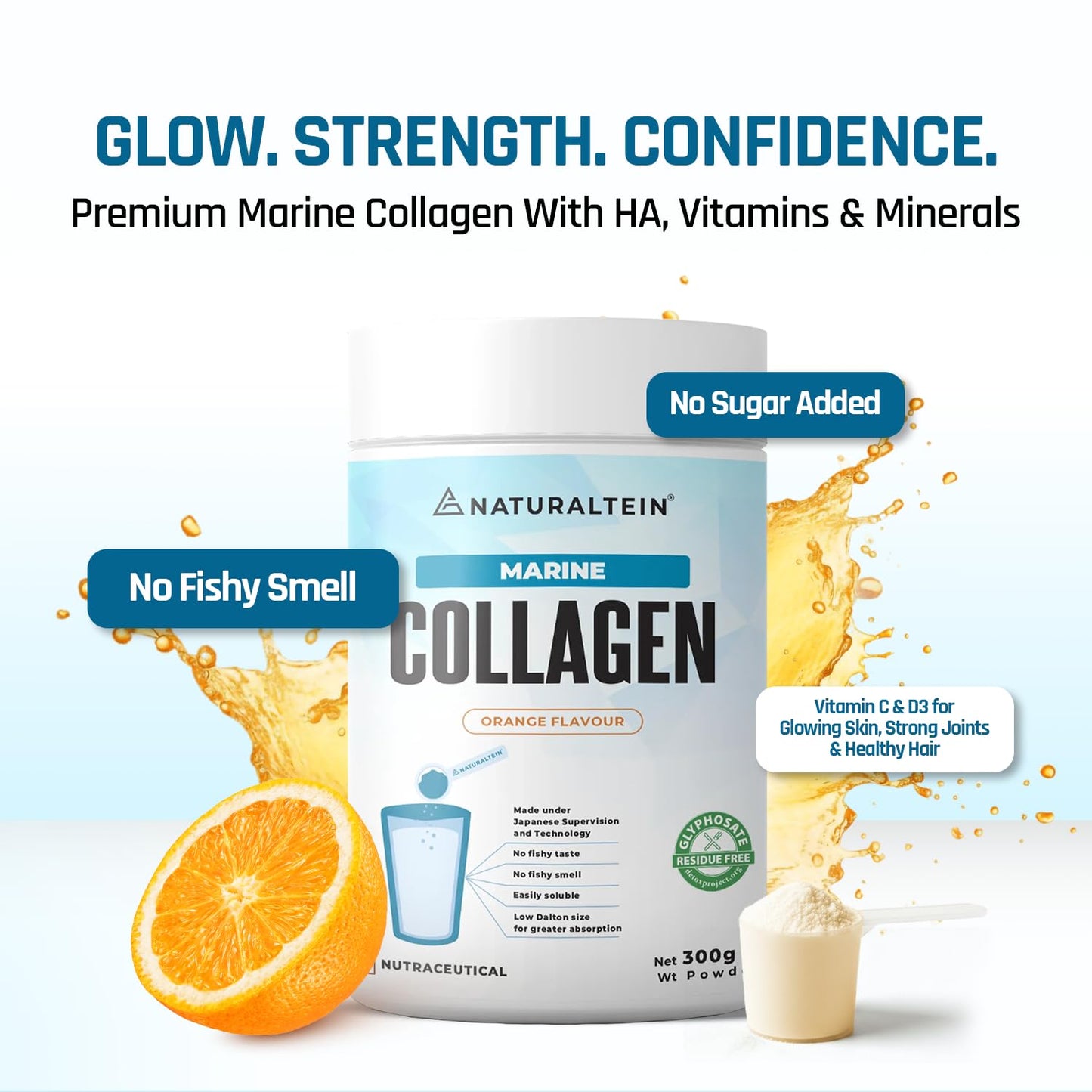 Naturaltein Marine Collagen supplement with an orange and a scoop of powder on a light blue background.